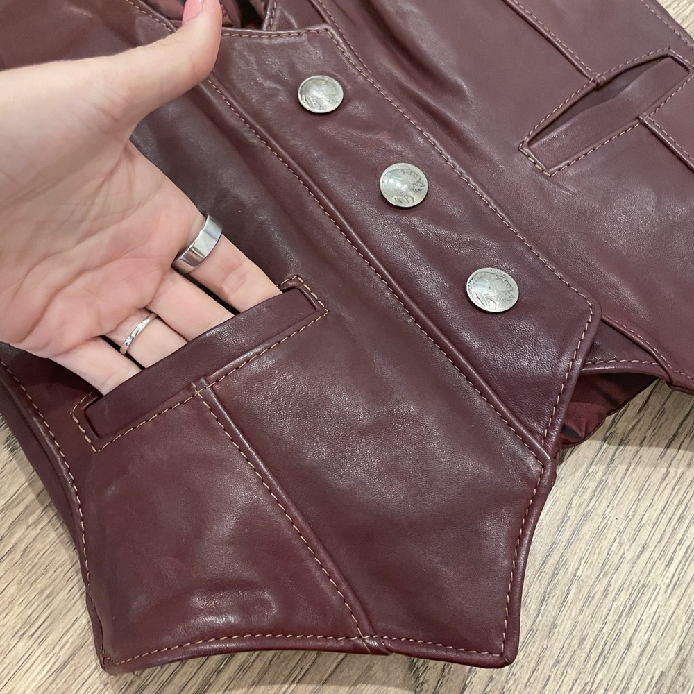 Vintage Western Leather Maroon Puffer Vest Women's XS Cowboy Ranch Boho 70's 80s - Picture 12 of 13